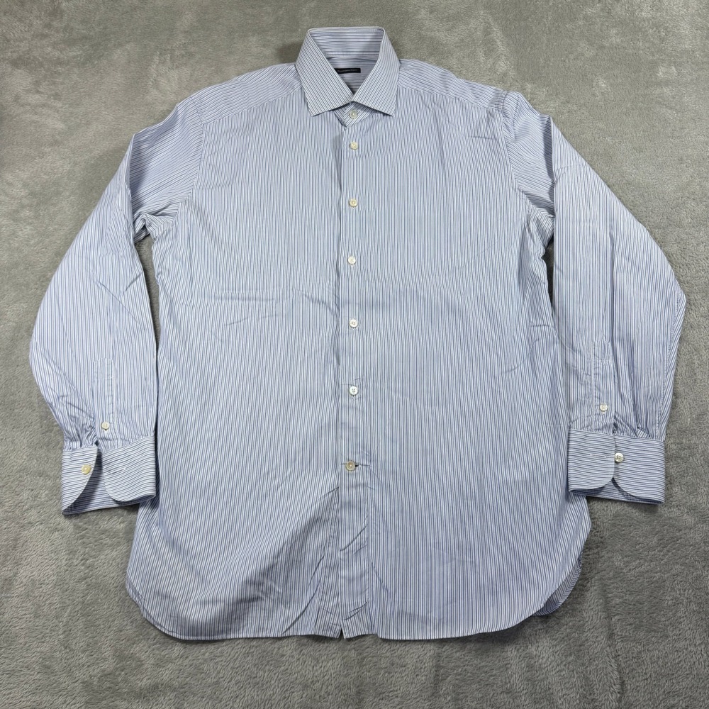 Ermenegildo Zegna Dress Shirt Mens 16.5 Blue White Striped Regular Long Sleeve